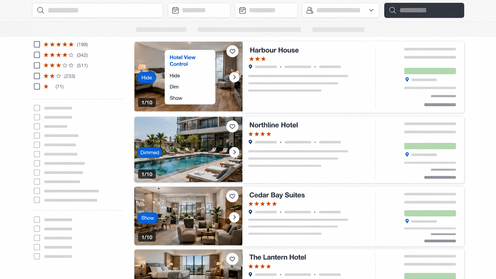Illustrated hotel result cards with the Hotel View Control Hide, Dim, and Show menu open.