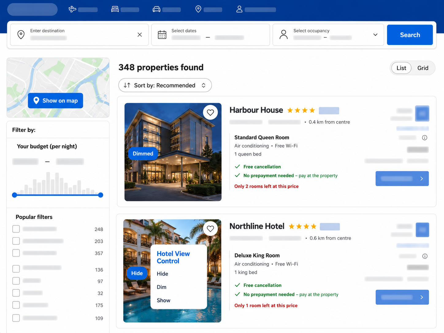 Illustrated hotel results showing one dimmed card and an open Hotel View Control menu.