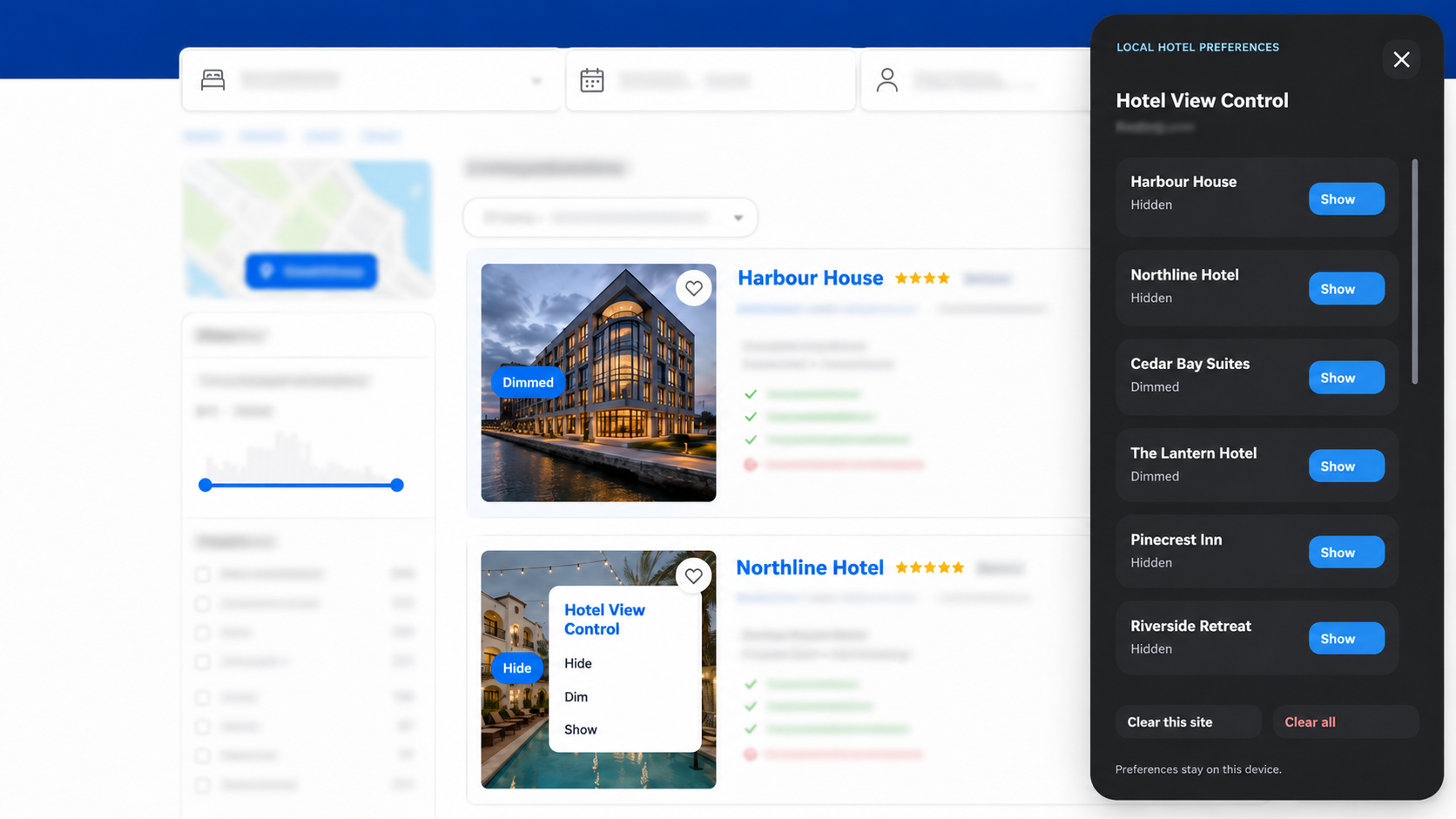 Illustrated hotel results page with the Hotel View Control saved preferences panel open.
